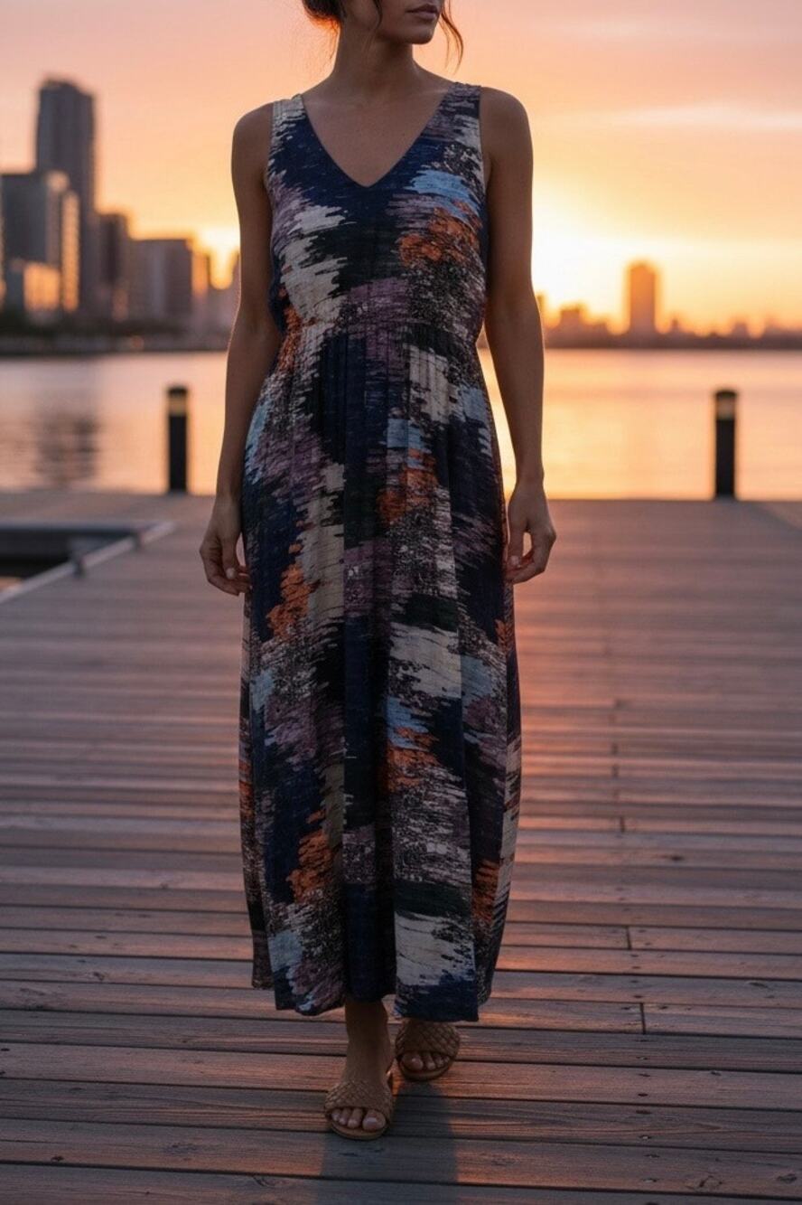 ELK The Label Sz 6 Maxi Dress V Neck Sleeveless Brush Abstract Print Multicolor